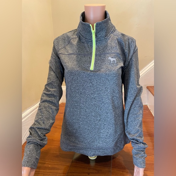 Victoria's Secret Pink 1/4 Zip Pullover Gray w/neon green trim Size Medium - Picture 1 of 6